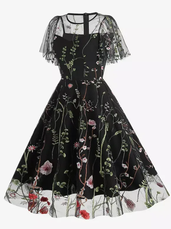 Robe midi fleurie vintage années 1950 pour femme - Robe de bal trapèze à manches courtes volantées en tulle brodé - Idéale pour un mariage d'été 2026