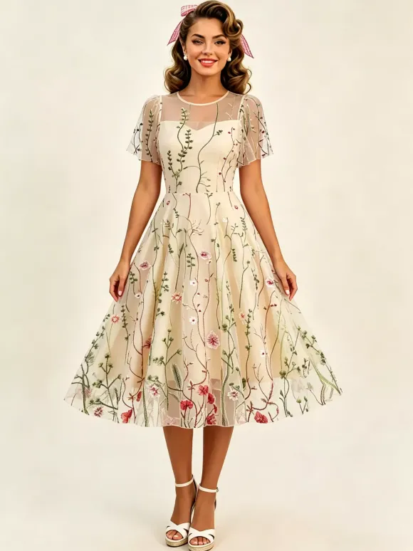 Robe midi fleurie vintage années 1950 pour femme - Robe de bal trapèze à manches courtes volantées en tulle brodé - Idéale pour un mariage d'été 2026