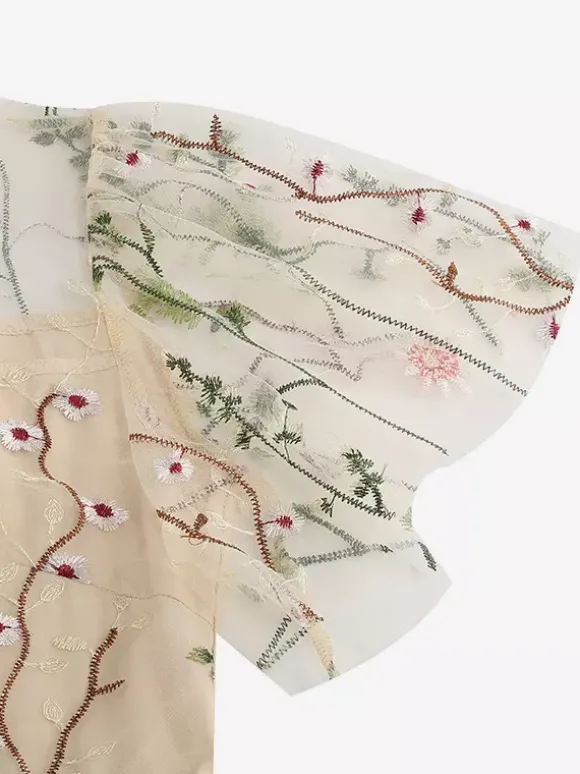 Robe midi fleurie vintage années 1950 pour femme - Robe de bal trapèze à manches courtes volantées en tulle brodé - Idéale pour un mariage d'été 2026