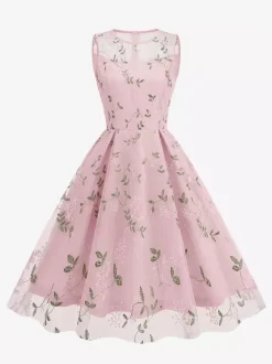 Robe midi fleurie vintage années 1950 pour femme - Robe de bal trapèze en tulle brodé et col illusion - Idéale pour un cocktail d'été 2026