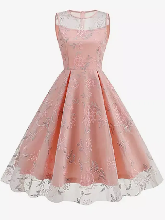 Robe midi fleurie vintage années 1950 pour femme - Robe de bal trapèze en tulle brodé et col illusion - Idéale pour un cocktail d'été 2026