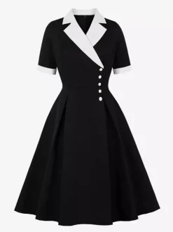 Robe midi élégante à revers rétro et boutons latéraux coupe ajustée et évasée pour femme (collection 2026)