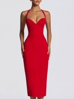 Robe midi moulante à col halter et dos lacé pour femme 2026