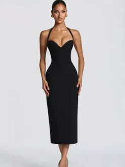 Robe midi moulante à col halter et dos lacé pour femme 2026