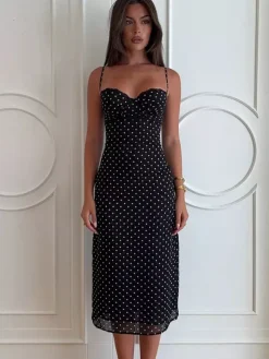 Robe midi noire à pois en polyester sans manches à bretelles et col rond pour femme par Daily Dresses