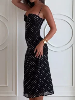 Robe midi noire à pois en polyester sans manches à bretelles et col rond pour femme par Daily Dresses