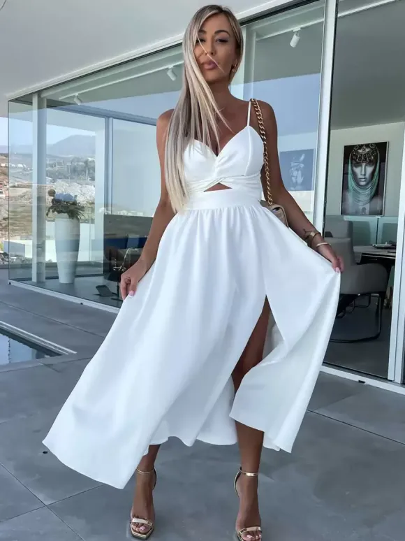 Robe midi nuisette à découpes et torsades pour femme - Robe de cocktail sexy fendue en V - Idéale pour les invités aux mariages d'été 2026