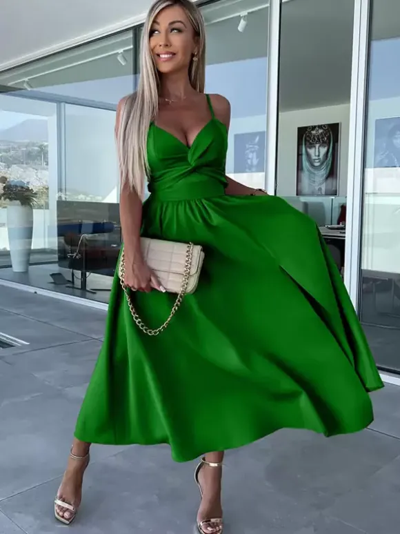 Robe midi nuisette à découpes et torsades pour femme - Robe de cocktail sexy fendue en V - Idéale pour les invités aux mariages d'été 2026