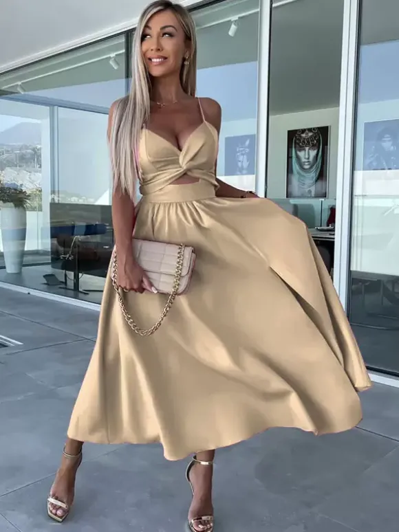 Robe midi nuisette à découpes et torsades pour femme - Robe de cocktail sexy fendue en V - Idéale pour les invités aux mariages d'été 2026