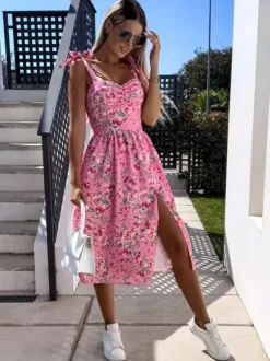 Robe midi rose en lycra spandex pour femme dos nu sans manches à fleurs et taille naturelle ornée de fleurs.