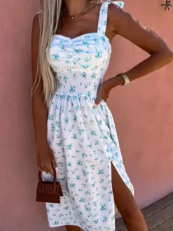 Robe midi rose en lycra spandex pour femme dos nu sans manches à fleurs et taille naturelle ornée de fleurs.