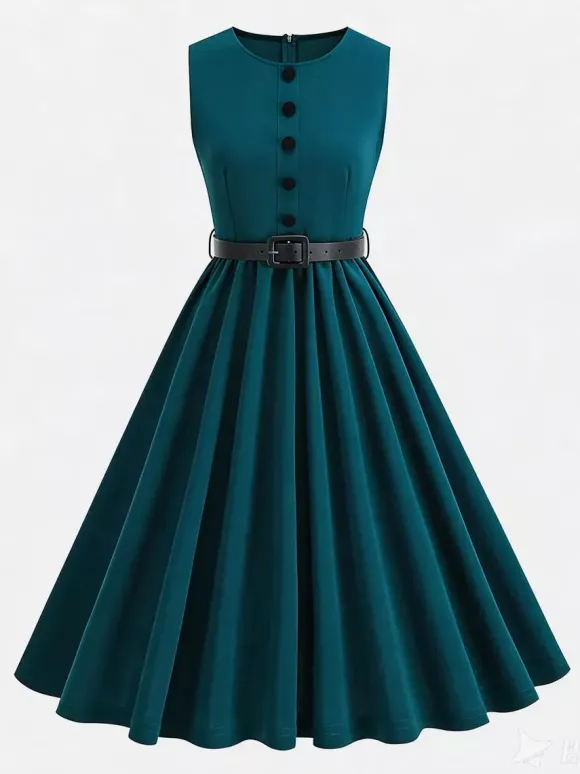 Robe midi rouge vintage chic cintrée à la taille