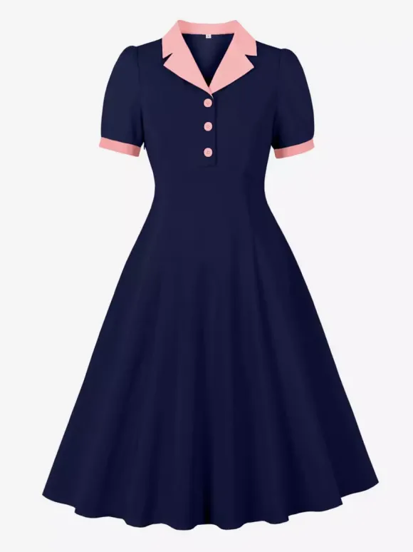 Robe midi rétro à revers contrastés et boutons coupe évasée pour femme 2026