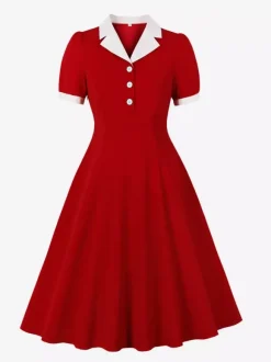 Robe midi rétro à revers contrastés et boutons coupe évasée pour femme 2026