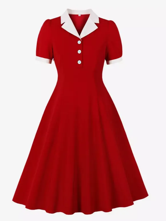 Robe midi rétro à revers contrastés et boutons coupe évasée pour femme 2026