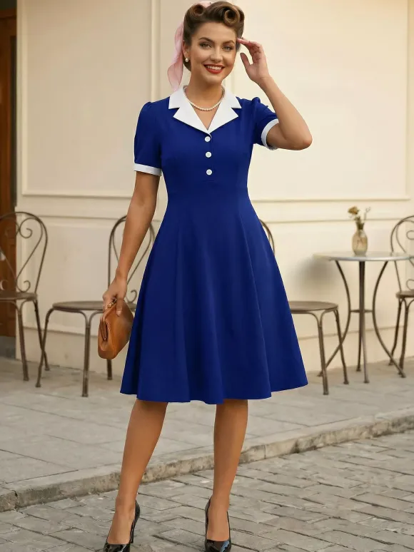 Robe midi rétro à revers contrastés et boutons coupe évasée pour femme 2026