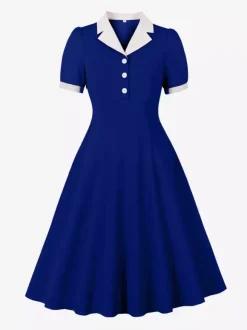 Robe midi rétro à revers contrastés et boutons coupe évasée pour femme 2026