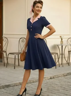 Robe midi rétro à revers contrastés et boutons coupe évasée pour femme 2026