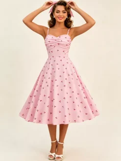 Robe midi trapèze à imprimé cerises rose dos nu pour femme douce d'été