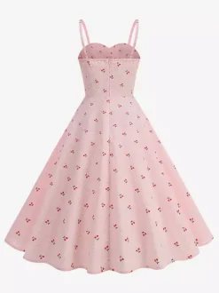 Robe midi trapèze à imprimé cerises rose dos nu pour femme douce d'été