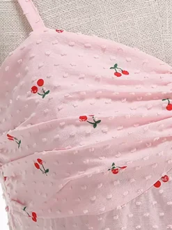 Robe midi trapèze à imprimé cerises rose dos nu pour femme douce d'été