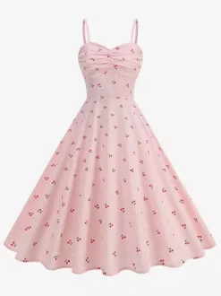 Robe midi trapèze à imprimé cerises rose dos nu pour femme douce d'été