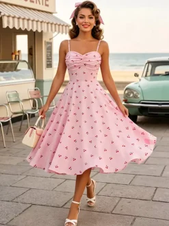 Robe midi trapèze à imprimé cerises rose dos nu pour femme douce d'été