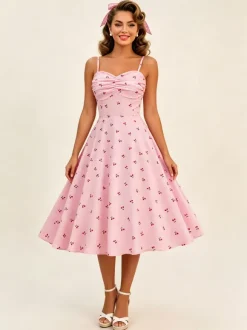 Robe midi trapèze à imprimé cerises rose dos nu pour femme douce d'été