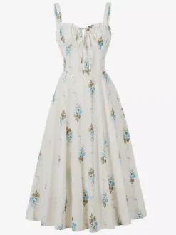 Robe midi trapèze sans manches à imprimé floral et buste froncé pour femme 2026
