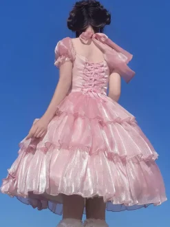 Robe Mignonne Lolita OP Polyester Manches Courtes Volants Robe Lolita Rose Une Pièce