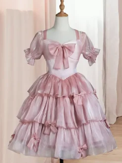Robe Mignonne Lolita OP Polyester Manches Courtes Volants Robe Lolita Rose Une Pièce