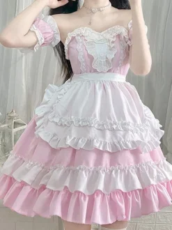 Robe Mignonne Lolita Robe à volants en polyester à manches courtes