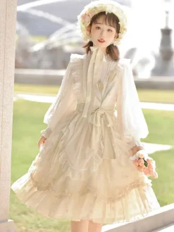 Robe Mignonne Lolita Robe À Manches Longues Volant En Polyester