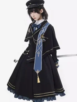 Robe militaire Lolita avec cravate et cape costume élégant de cosplay pour jeu de rôle