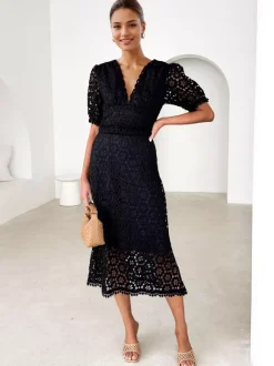 Robe mi-longue en dentelle à col en V et manches bouffantes pour femme (2026)