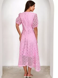 Robe mi-longue en dentelle à col en V et manches bouffantes pour femme (2026)