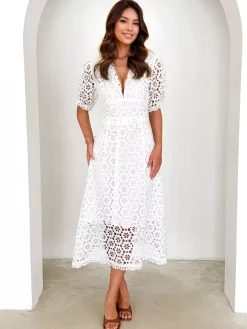 Robe mi-longue en dentelle à col en V et manches bouffantes pour femme (2026)