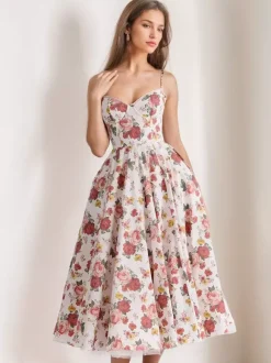 Robe mi-longue rose pâle à bretelles et décolleté en c艙ur coupe trapèze pour fête d'anniversaire pour femme 2026