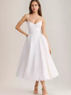 Robe mi-longue rose pâle à bretelles et décolleté en c艙ur coupe trapèze pour fête d'anniversaire pour femme 2026