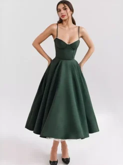 Robe mi-longue rose pâle à bretelles et décolleté en c艙ur coupe trapèze pour fête d'anniversaire pour femme 2026