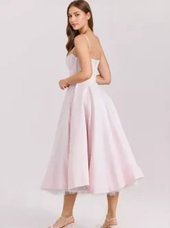 Robe mi-longue rose pâle à bretelles et décolleté en c艙ur coupe trapèze pour fête d'anniversaire pour femme 2026