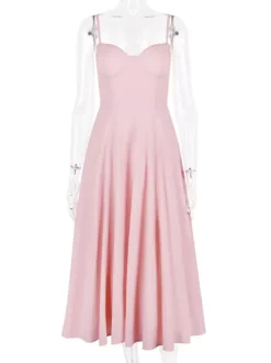Robe mi-longue rose pâle à bretelles et décolleté en c艙ur coupe trapèze pour fête d'anniversaire pour femme 2026