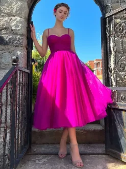 Robe mi-longue trapèze en tulle à décolleté en c艙ur pour fête d'anniversaire 2026