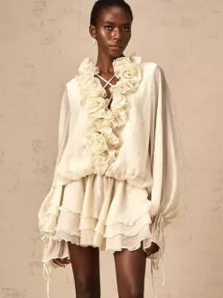 Robe mini à volants superposés pour femme - Robe patineuse bohème à manches lanternes col en V fleuri et short assorti - Fête de printemps 2026