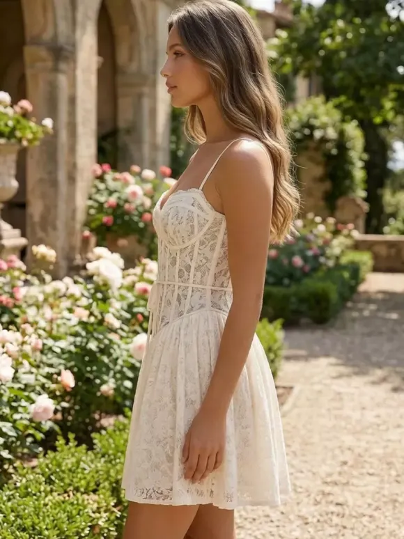 Robe mini corset en dentelle à col en c艙ur robe trapèze sexy à bretelles pour fête d'anniversaire 2026