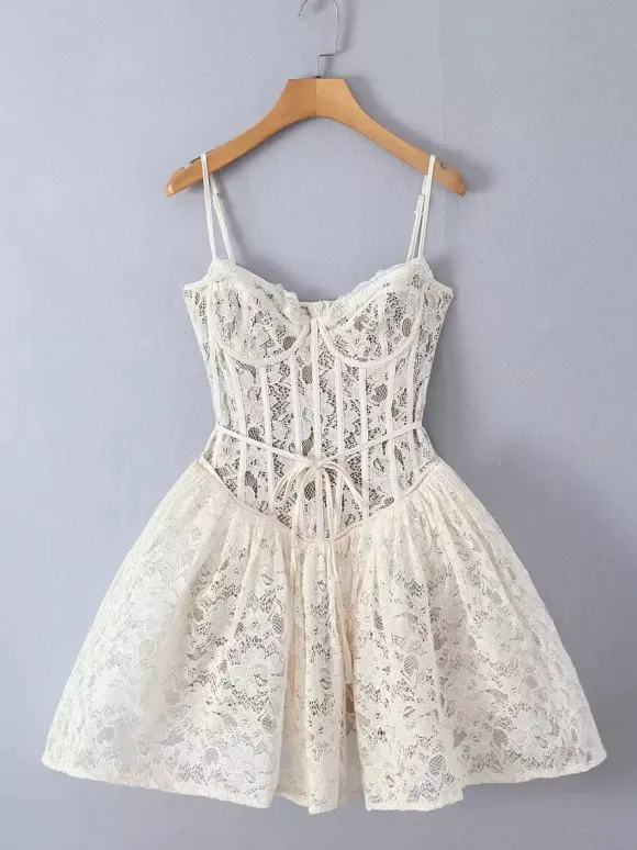 Robe mini corset en dentelle à col en c艙ur robe trapèze sexy à bretelles pour fête d'anniversaire 2026
