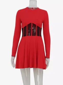 Robe mini corset en résille pour femme - Robe patineuse côtelée à manches longues - Soirée printanière en boîte de nuit 2026