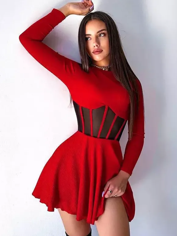 Robe mini corset en résille pour femme - Robe patineuse côtelée à manches longues - Soirée printanière en boîte de nuit 2026