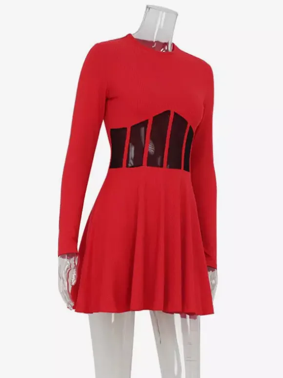 Robe mini corset en résille pour femme - Robe patineuse côtelée à manches longues - Soirée printanière en boîte de nuit 2026