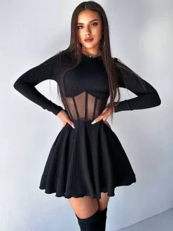 Robe mini corset en résille pour femme - Robe patineuse côtelée à manches longues - Soirée printanière en boîte de nuit 2026
